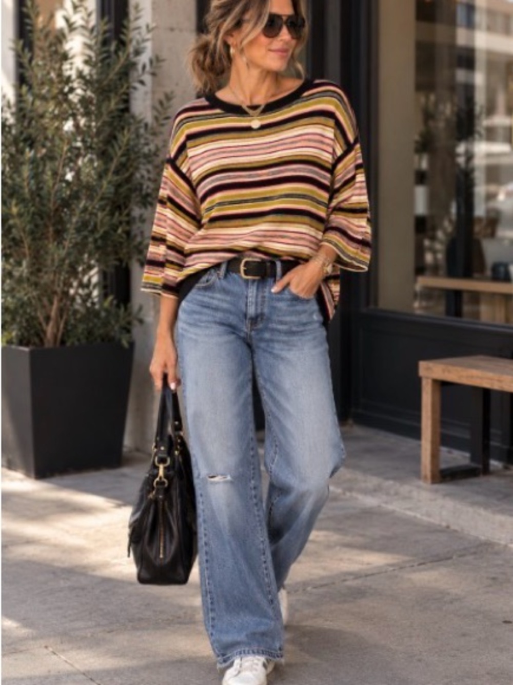 Moth Striped Scoop Neck Sweater in Yellow, Pink & Black